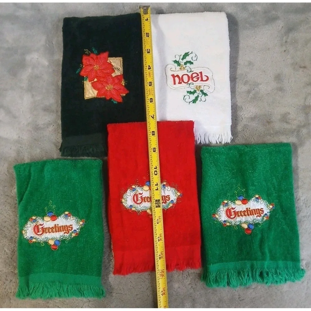 Vtg 5 Christmas Guest Towels Terry Embroidered Greetings Noel‎ Poinsettia READ